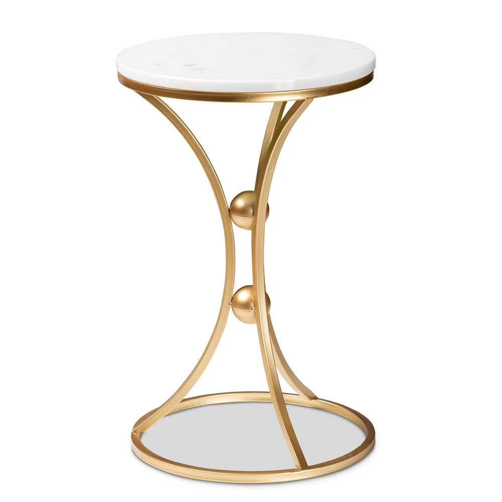 Tarmon Modern and Contemporary Gold Finished Metal End Table with Marble Tabletop