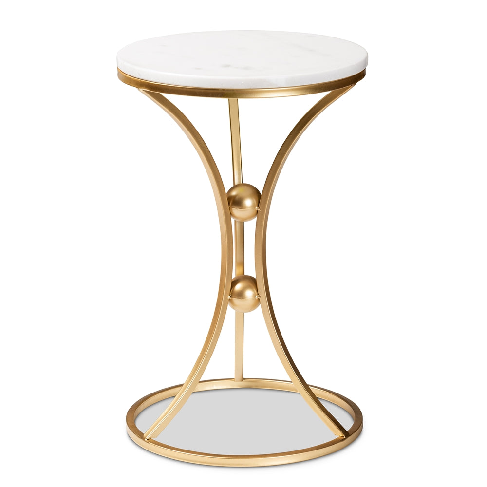 Tarmon Modern and Contemporary Gold Finished Metal End Table with Marble Tabletop