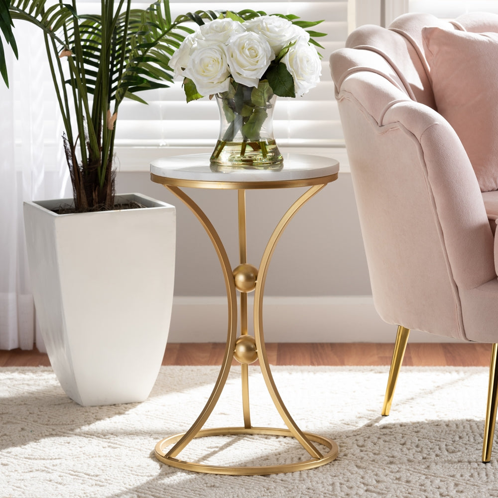 Tarmon Modern and Contemporary Gold Finished Metal End Table with Marble Tabletop