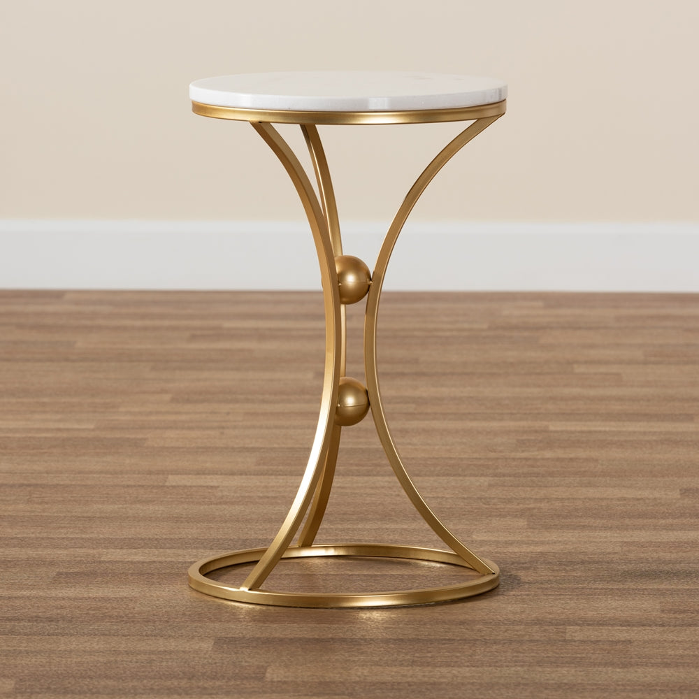 Tarmon Modern and Contemporary Gold Finished Metal End Table with Marble Tabletop