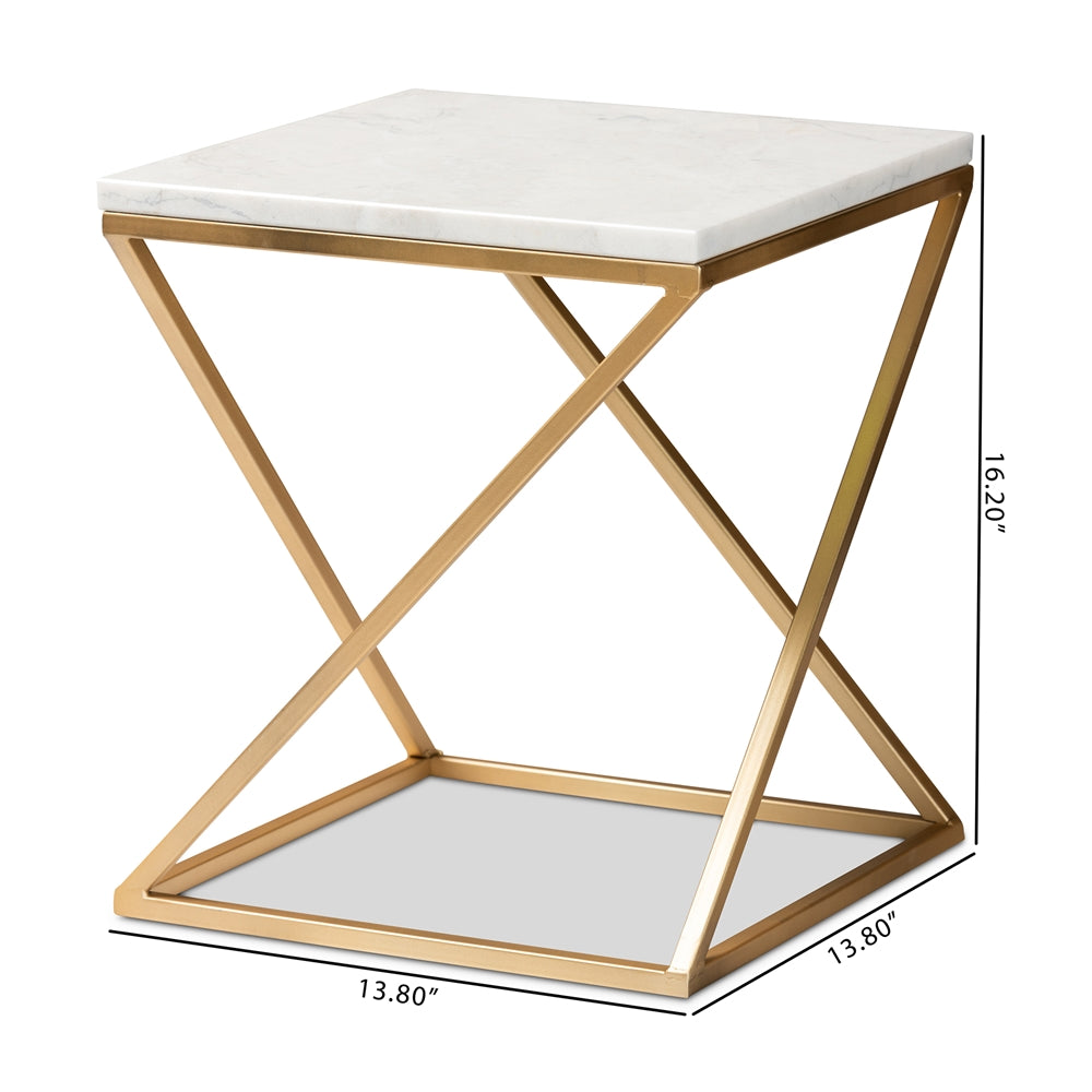 Hadley Modern and Contemporary Gold Finished Metal End Table with Marble Tabletop