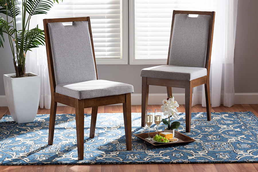 Octavia Modern and Contemporary Grey Fabric Upholstered and Walnut Brown Finished Wood 2-Piece Dining Chair Set