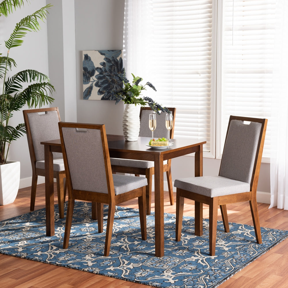 Rosa Modern and Contemporary Grey Fabric Upholstered and Walnut Brown Finished Wood 5-Piece Dining Set