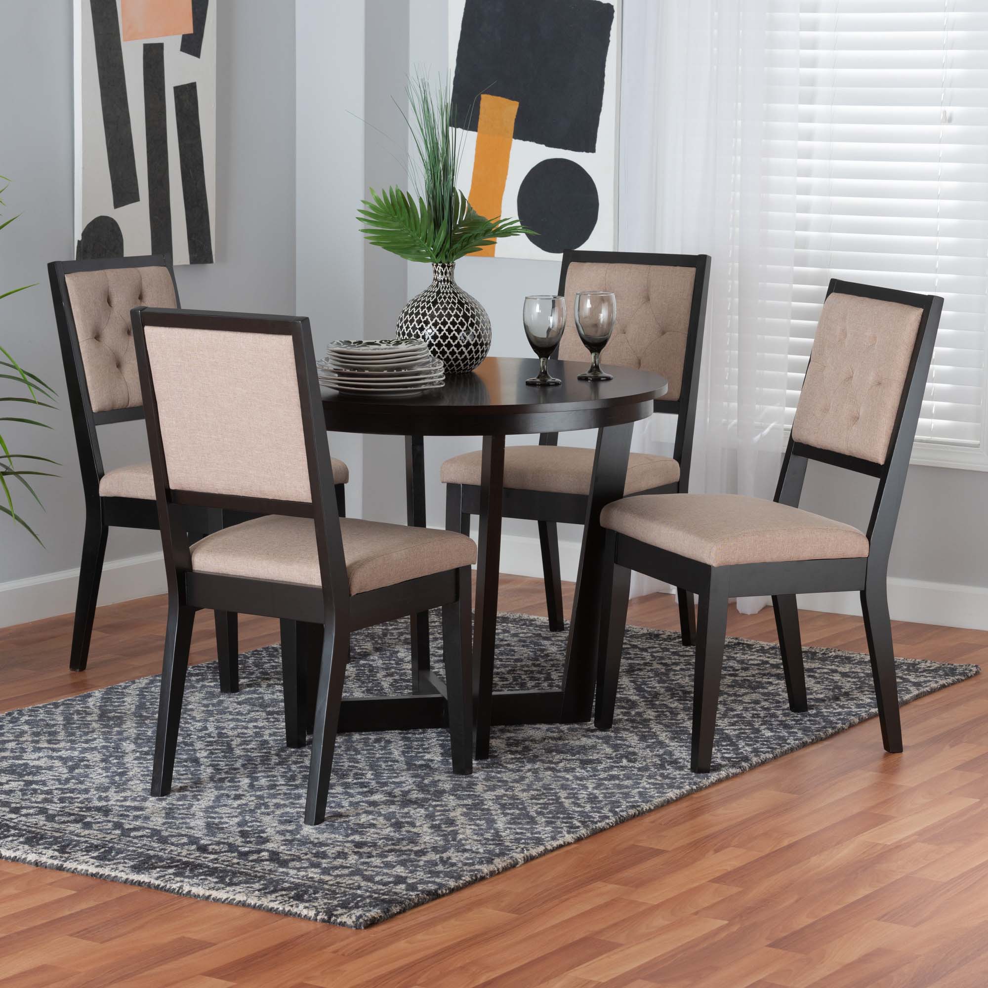 Kala Modern Beige Fabric and Dark Brown Finished Wood 5-Piece Dining Set