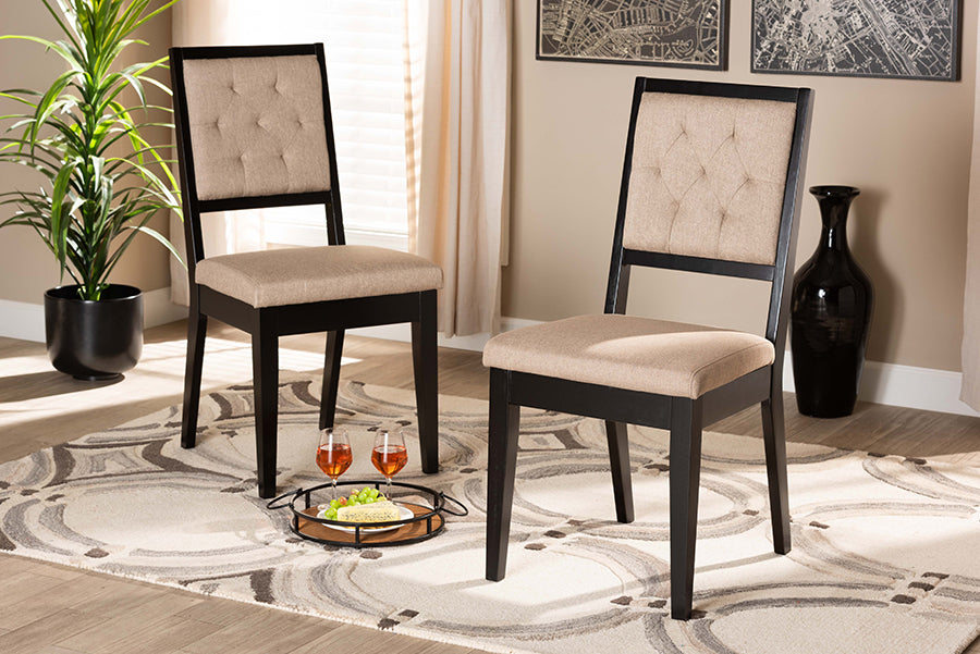 Gideon Modern and Contemporary Sand Fabric Upholstered and Dark Brown Finished Wood 2-Piece Dining Chair Set