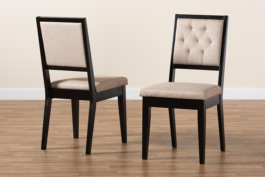 Gideon Modern and Contemporary Sand Fabric Upholstered and Dark Brown Finished Wood 2-Piece Dining Chair Set