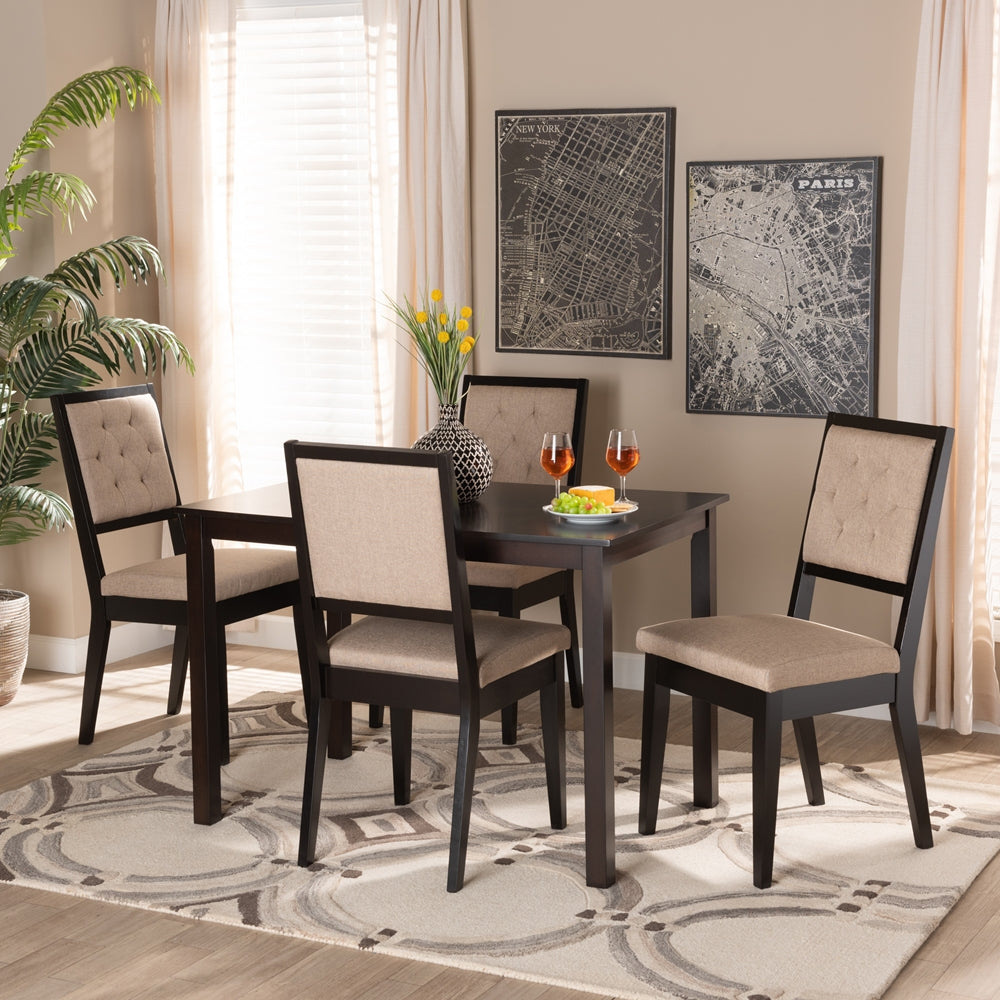 Suvi Modern and Contemporary Sand Fabric Upholstered and Dark Brown Finished Wood 5-Piece Dining Set