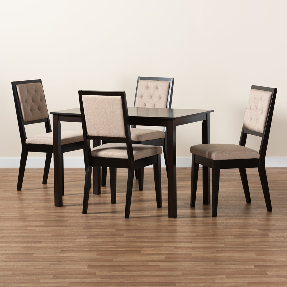 Suvi Modern and Contemporary Sand Fabric Upholstered and Dark Brown Finished Wood 5-Piece Dining Set