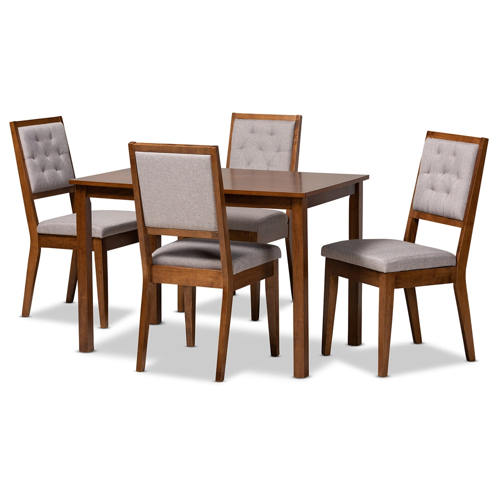 Suvi Modern and Contemporary Grey Fabric Upholstered and Walnut Brown Finished Wood 5-Piece Dining Set