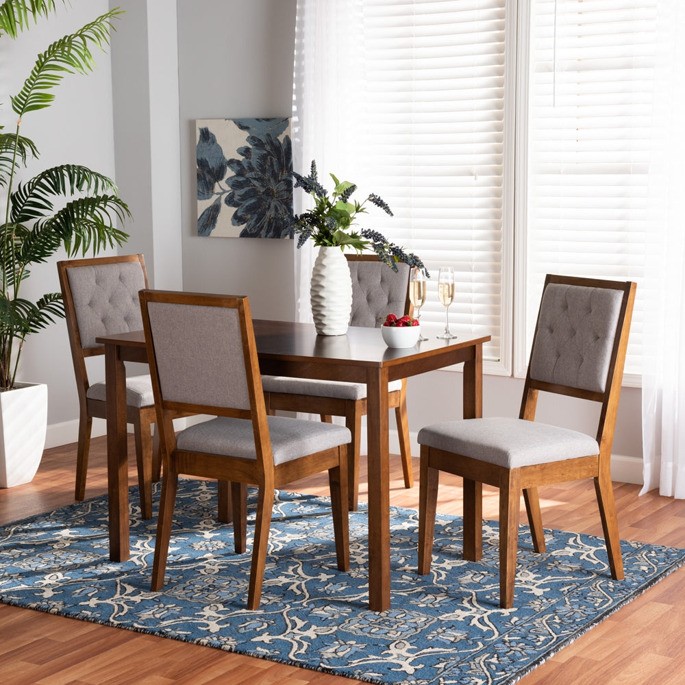 Suvi Modern and Contemporary Grey Fabric Upholstered and Walnut Brown Finished Wood 5-Piece Dining Set