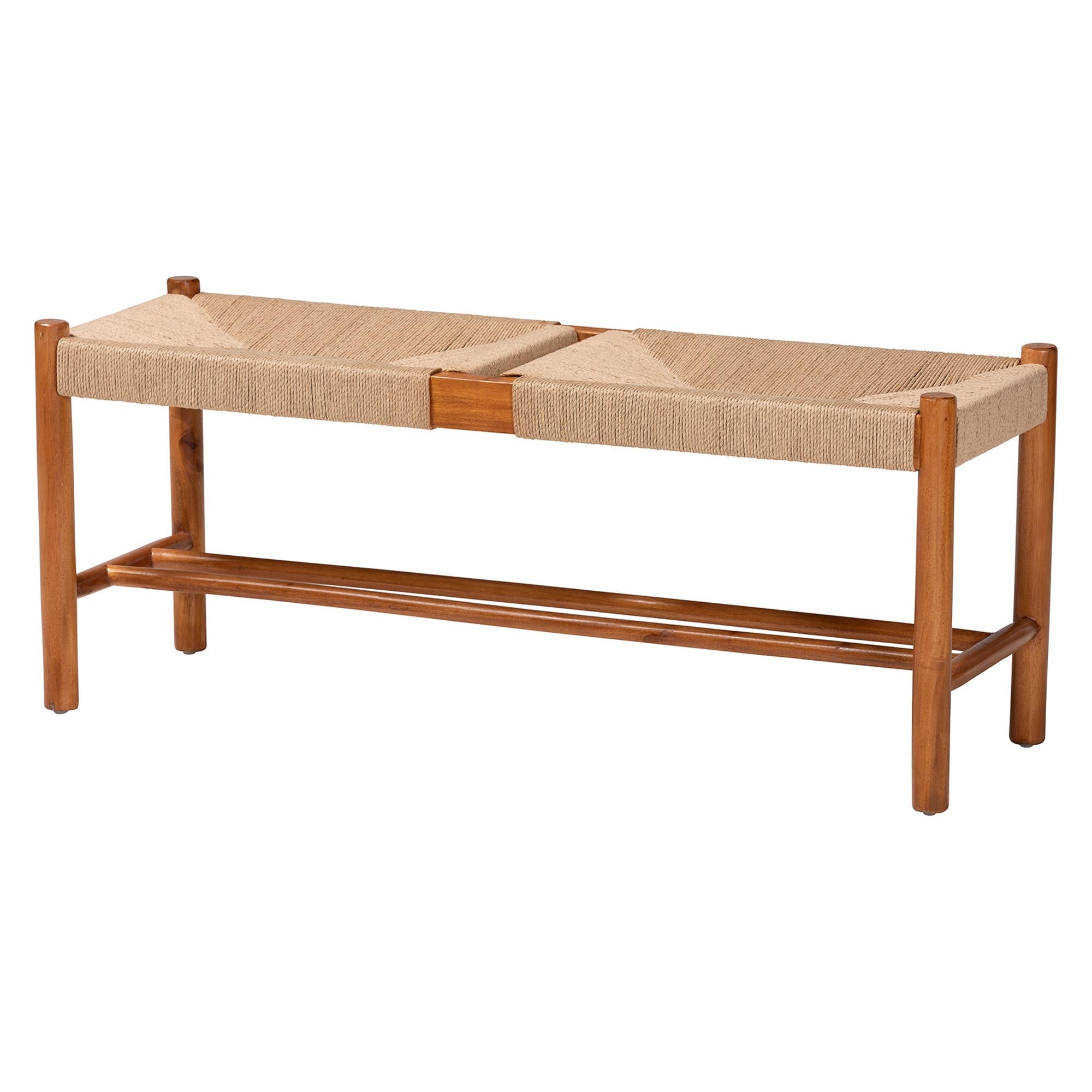 Saura Mid-Century Modern Oak Brown Finished Wood and Hemp Dining Bench