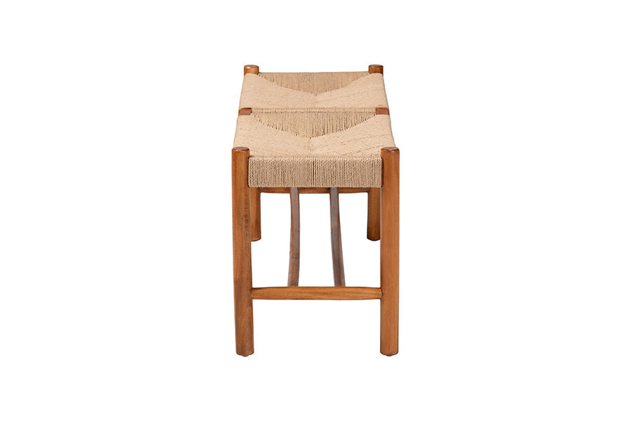 Saura Mid-Century Modern Oak Brown Finished Wood and Hemp Dining Bench