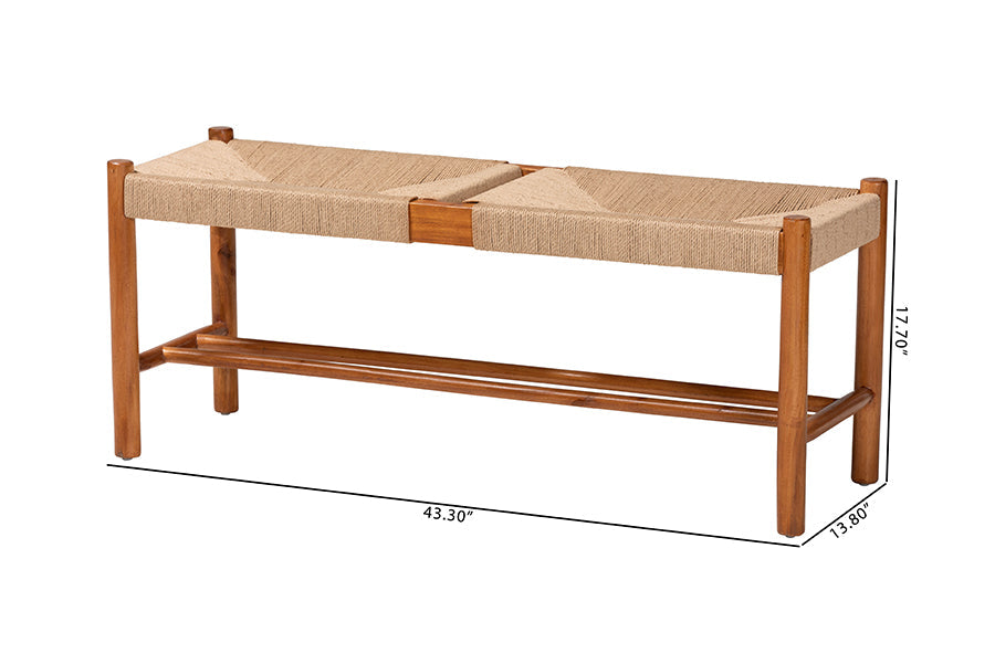 Saura Mid-Century Modern Oak Brown Finished Wood and Hemp Dining Bench