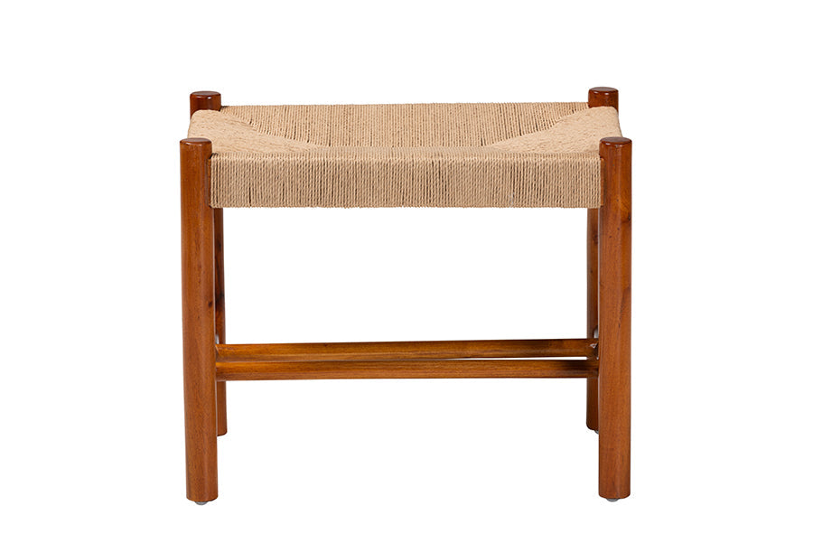 Saura Mid-Century Modern Oak Brown Finished Wood and Hemp Accent Bench