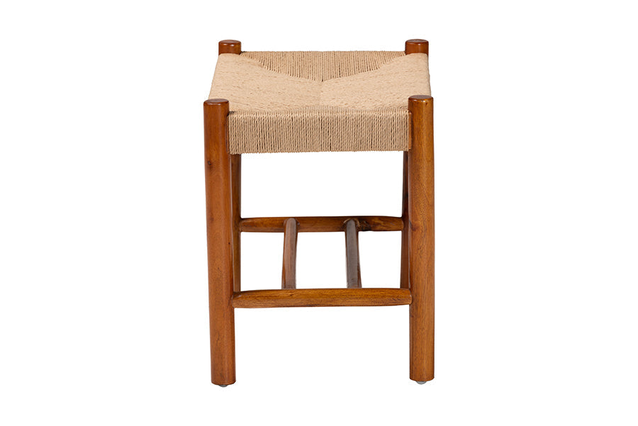 Saura Mid-Century Modern Oak Brown Finished Wood and Hemp Accent Bench