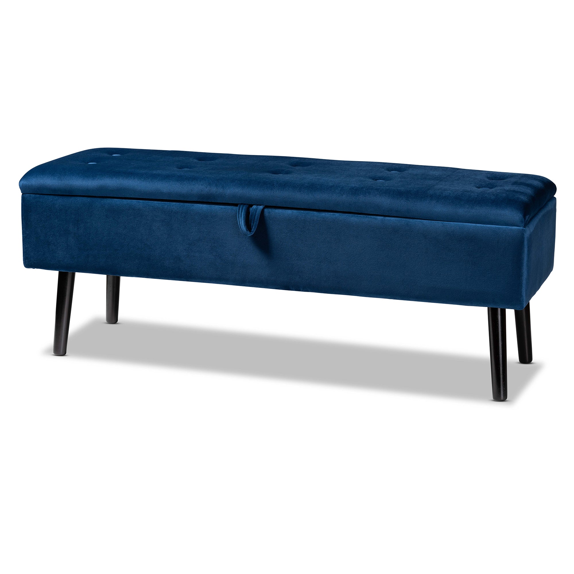 Baxton Studio Caine Modern and Contemporary Navy Blue Velvet Fabric Upholstered and Dark Brown Finished Wood Storage Bench
