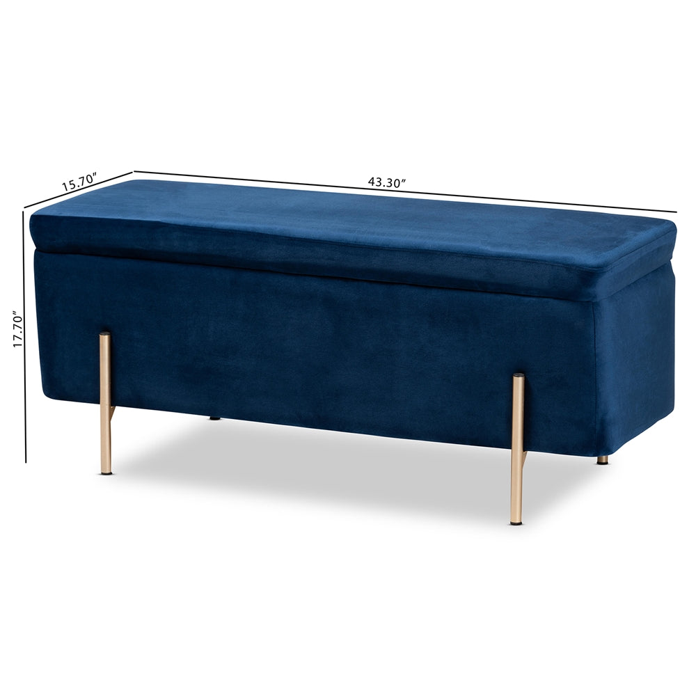 Rockwell Contemporary  and  Navy Blue Velvet Fabric Upholstered and Gold Finished Metal Storage Bench