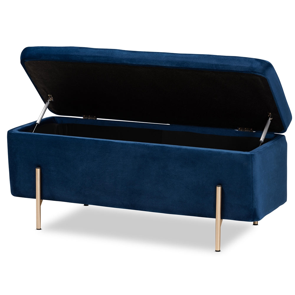 Rockwell Contemporary  and  Navy Blue Velvet Fabric Upholstered and Gold Finished Metal Storage Bench