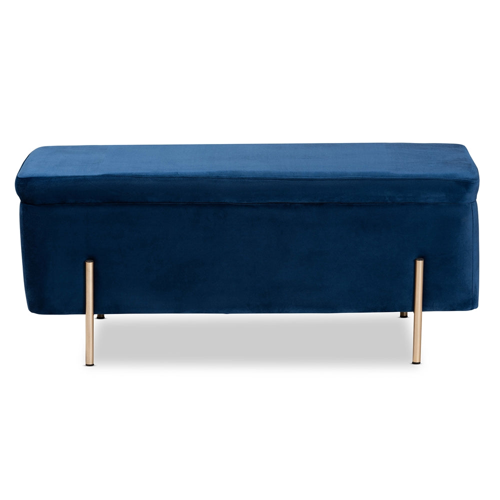 Rockwell Contemporary  and  Navy Blue Velvet Fabric Upholstered and Gold Finished Metal Storage Bench