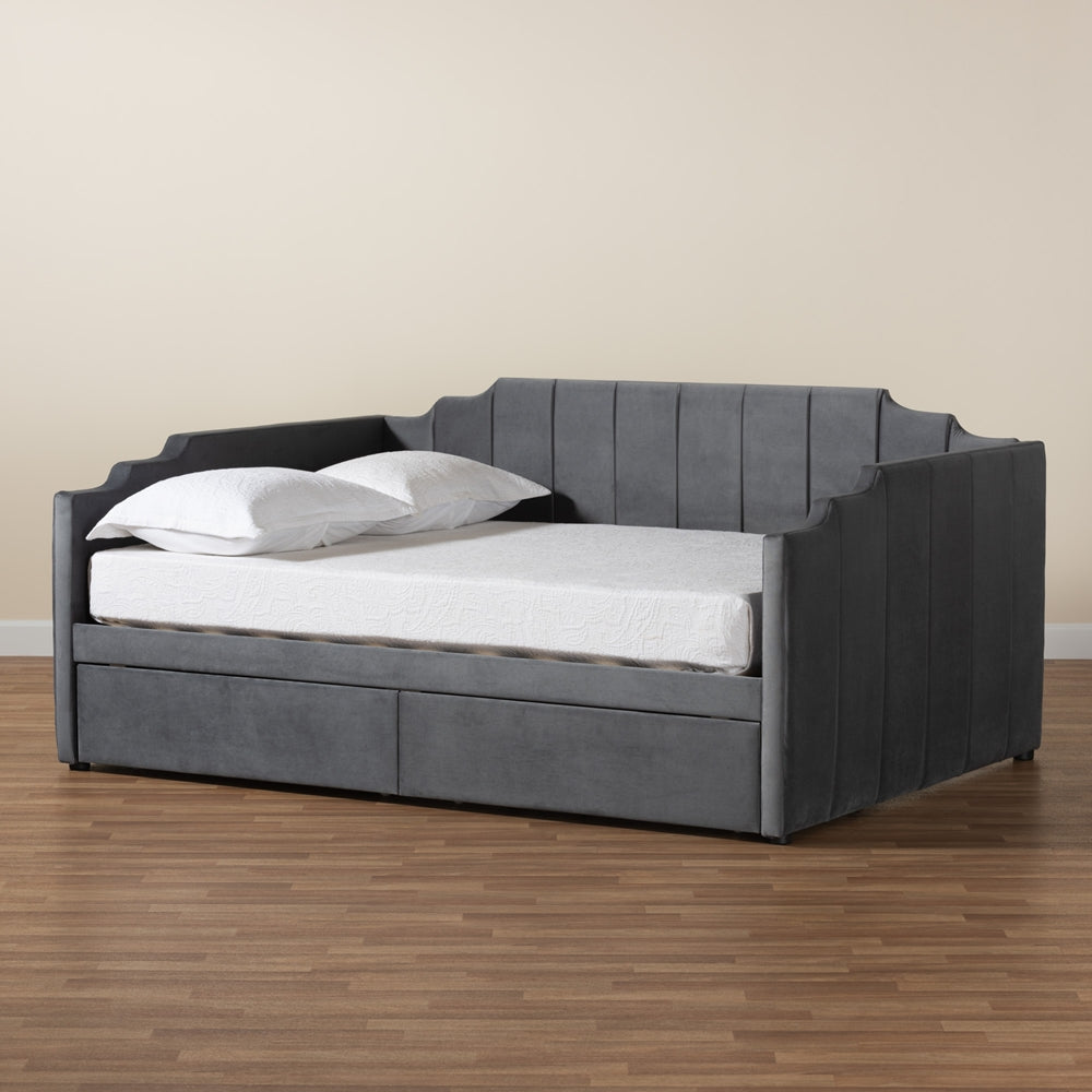 Gulliver Modern And Contemporary Grey Velvet Fabric Upholstered 2-Drawer Full Size Daybed