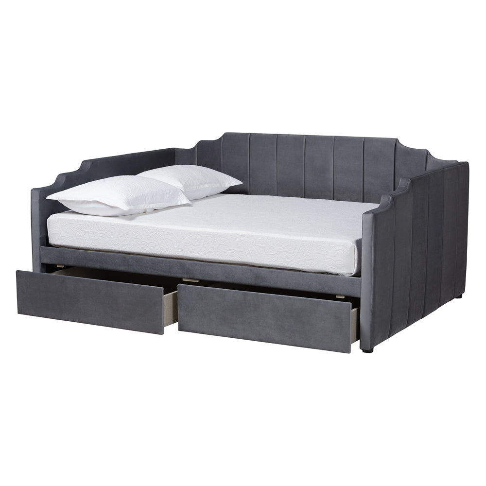 Gulliver Modern And Contemporary Grey Velvet Fabric Upholstered 2-Drawer Full Size Daybed