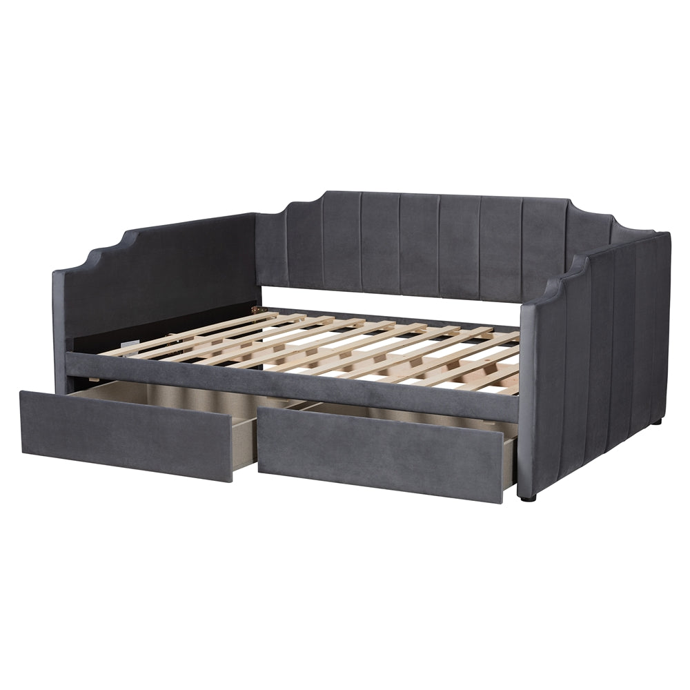 Gulliver Modern And Contemporary Grey Velvet Fabric Upholstered 2-Drawer Full Size Daybed