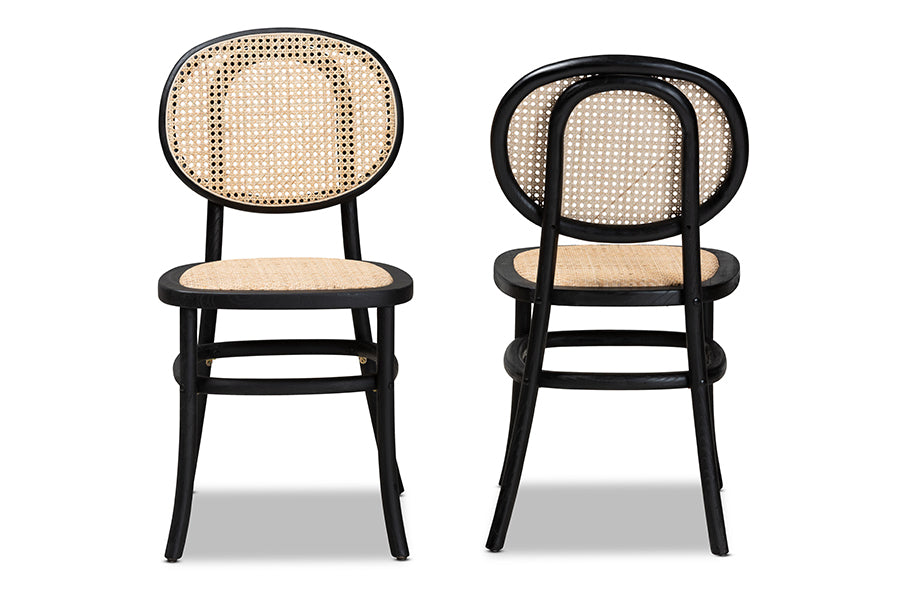 Garold Mid-Century Modern Brown Woven Rattan and Black Wood 2-Piece Cane Dining Chair Set