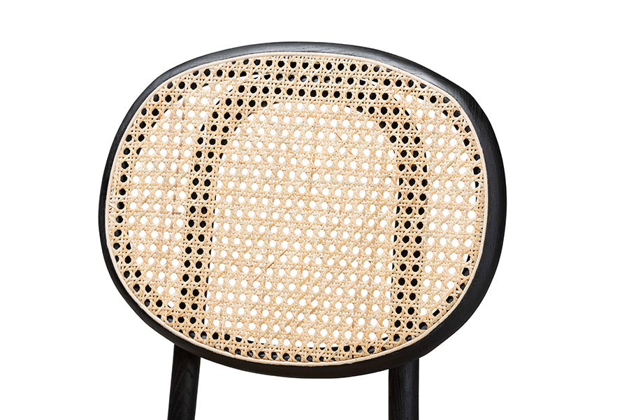 Garold Mid-Century Modern Brown Woven Rattan and Black Wood 2-Piece Cane Dining Chair Set