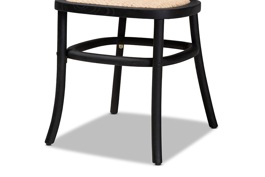 Garold Mid-Century Modern Brown Woven Rattan and Black Wood 2-Piece Cane Dining Chair Set