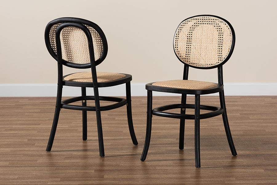 Garold Mid-Century Modern Brown Woven Rattan and Black Wood 2-Piece Cane Dining Chair Set