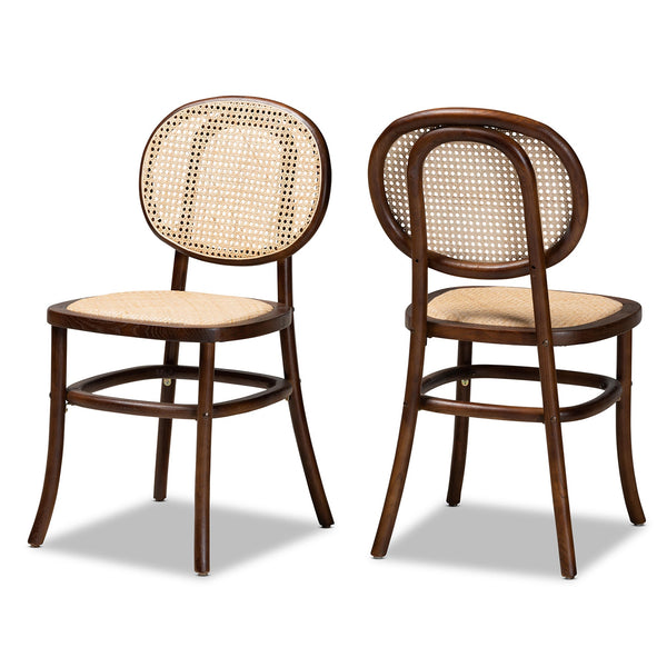 Garold Mid-Century Modern Brown Woven Rattan and Walnut Brown Wood 2-Piece Cane Dining Chair Set