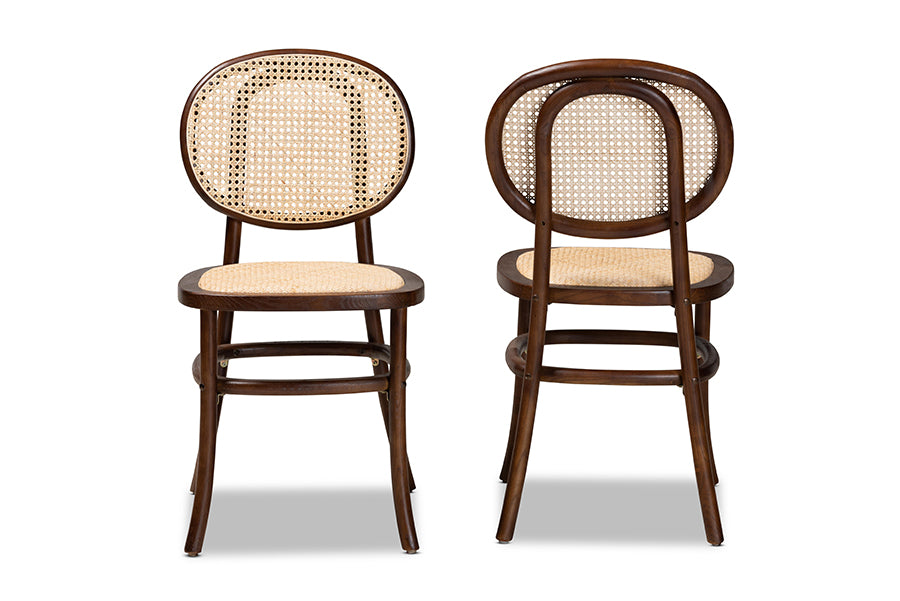 Garold Mid-Century Modern Brown Woven Rattan and Walnut Brown Wood 2-Piece Cane Dining Chair Set