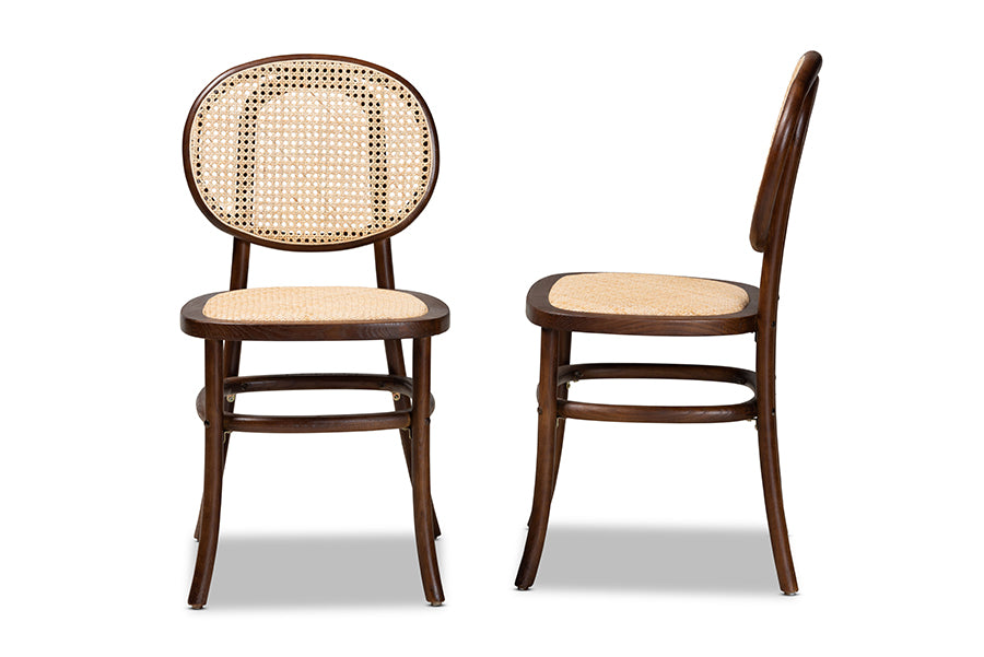 Garold Mid-Century Modern Brown Woven Rattan and Walnut Brown Wood 2-Piece Cane Dining Chair Set