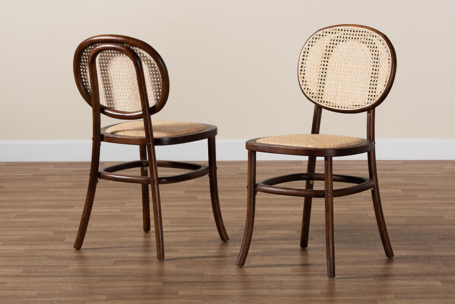 Garold Mid-Century Modern Brown Woven Rattan and Walnut Brown Wood 2-Piece Cane Dining Chair Set
