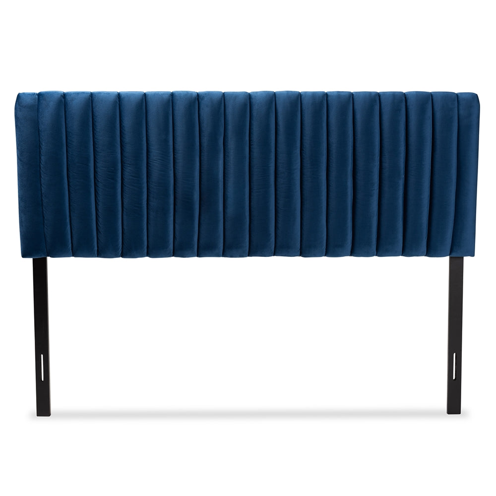 Emile Modern and Contemporary Navy Blue Velvet Fabric Upholstered and Dark Brown Finished Wood Full Size Headboard