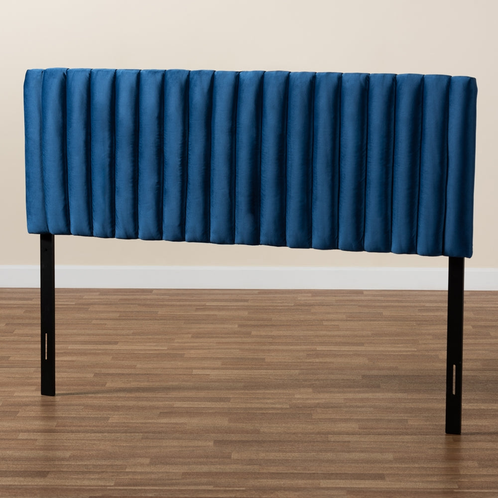 Emile Modern and Contemporary Navy Blue Velvet Fabric Upholstered and Dark Brown Finished Wood Full Size Headboard