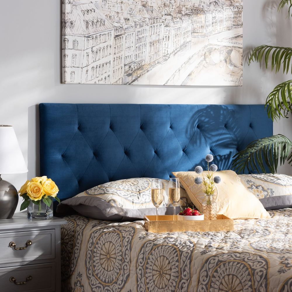 Felix Modern and Contemporary Navy Blue Velvet Fabric Upholstered Queen Size Headboard