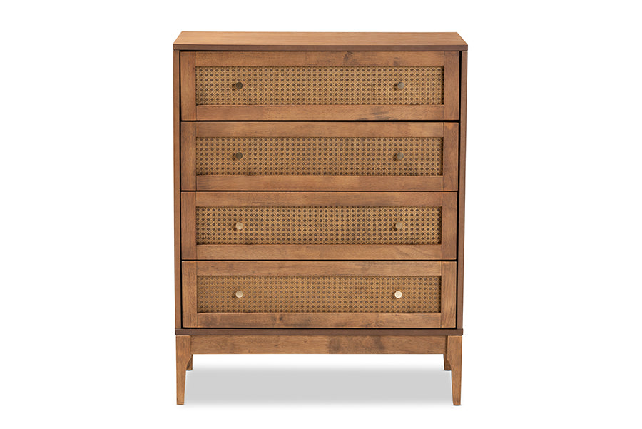 Ramiel Mid-Century Modern Ash Walnut Finished Wood and Rattan 4-Drawer Chest