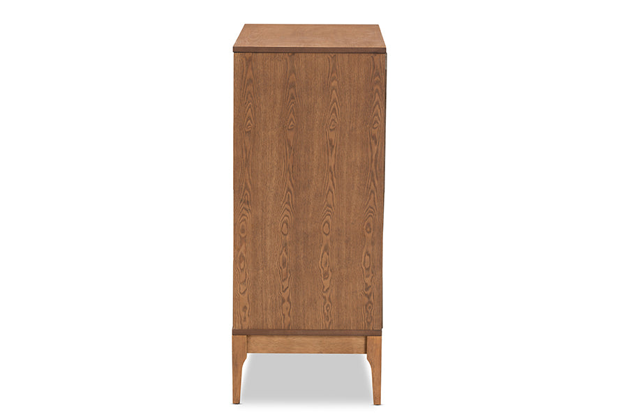 Ramiel Mid-Century Modern Ash Walnut Finished Wood and Rattan 4-Drawer Chest