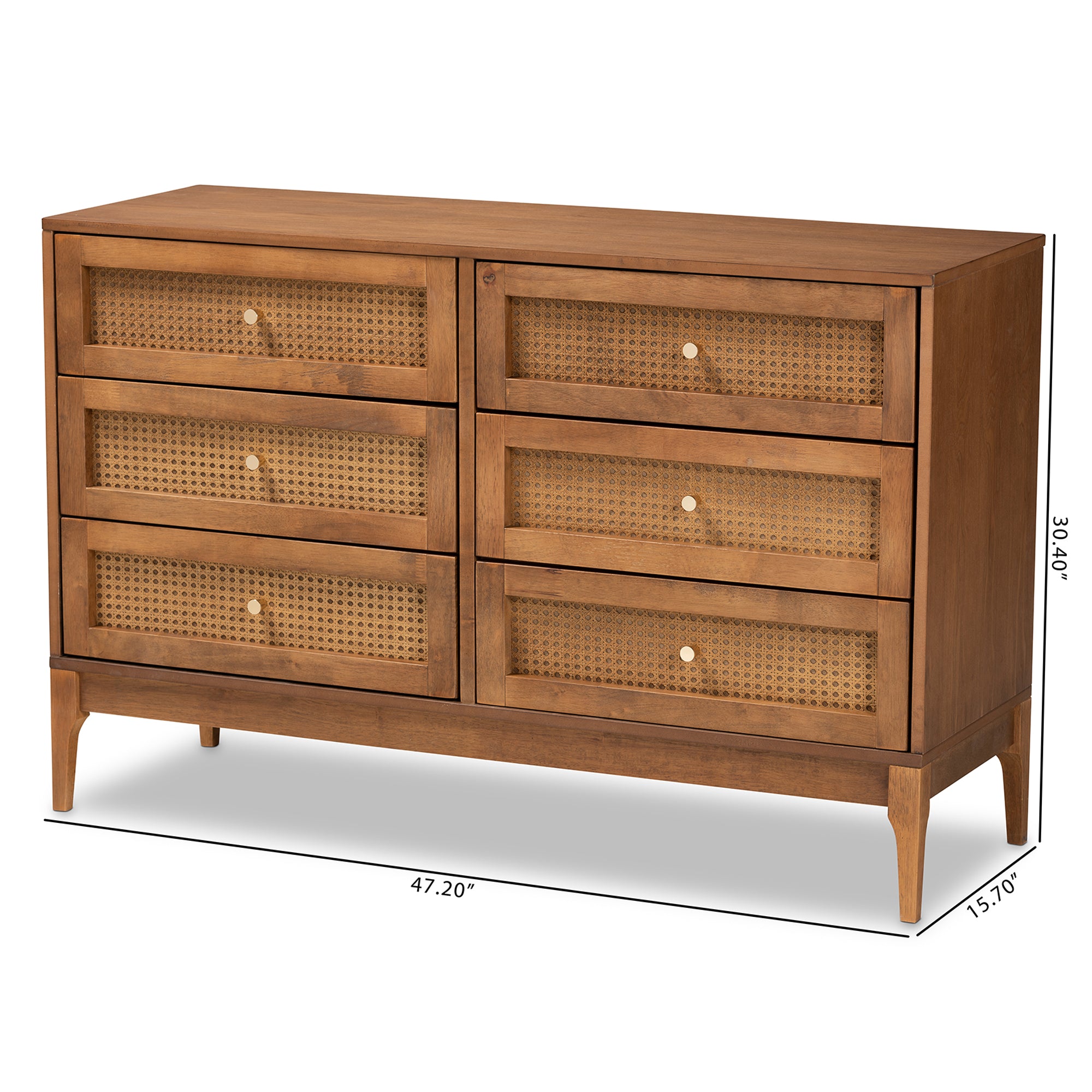 Ramiel Mid-Century Modern Ash Walnut Finished Wood and Rattan 6-Drawer Dresser