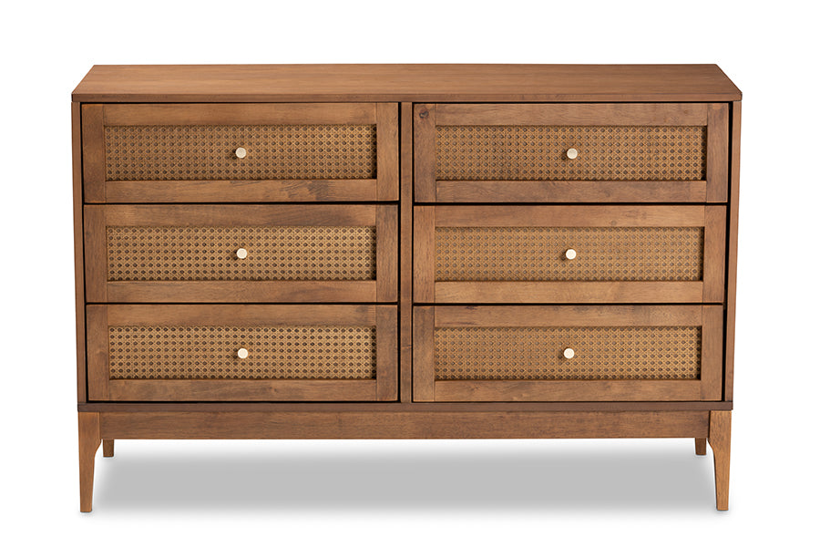 Ramiel Mid-Century Modern Ash Walnut Finished Wood and Rattan 6-Drawer Dresser