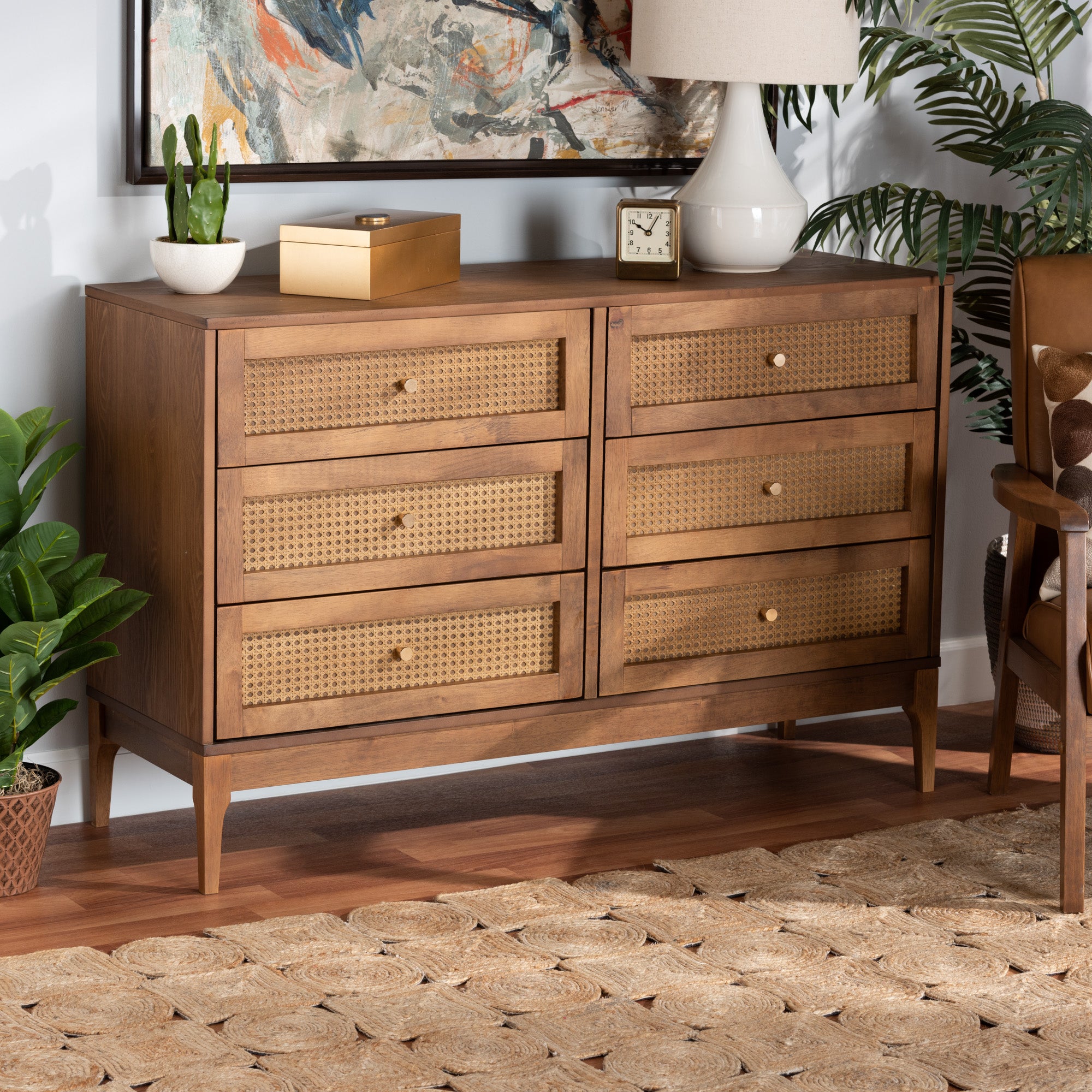 Ramiel Mid-Century Modern Ash Walnut Finished Wood and Rattan 6-Drawer Dresser