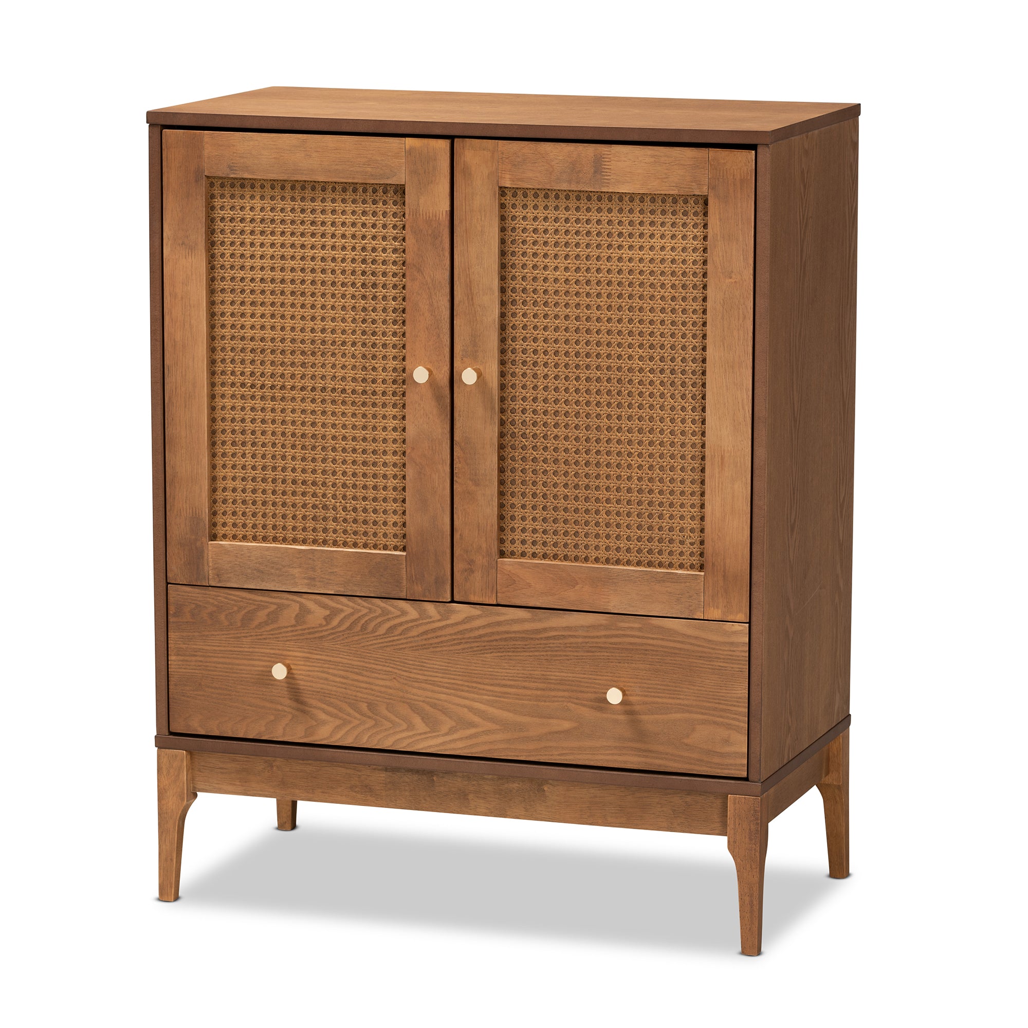 Baxton Studio Ramiel Mid-Century Modern Ash Walnut Finished Wood and Rattan 1-Drawer Sideboard