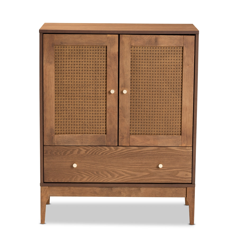Ramiel Mid-Century Modern Ash Walnut Finished Wood and Rattan 1-Drawer Sideboard