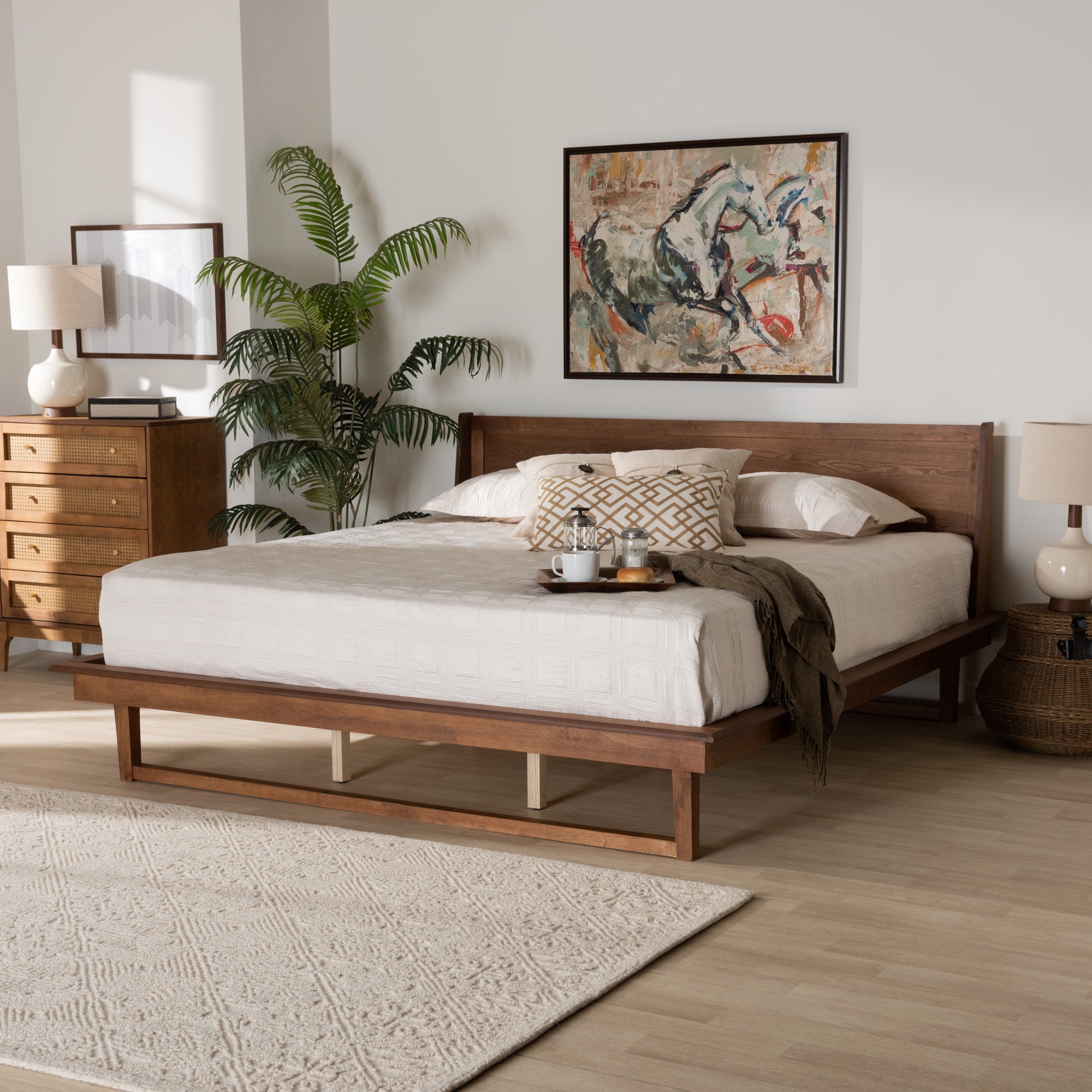 Marcella Queen Ash Walnut Finished Platform Bed – Mid-Century Wingback Headboard