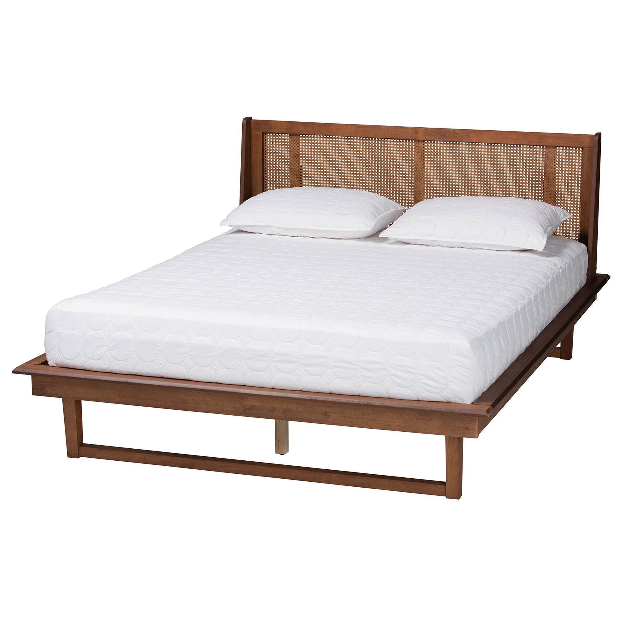 Emmie Queen Wood Mid-Century Modern Platform Bed – Woven Rattan Wingback Design