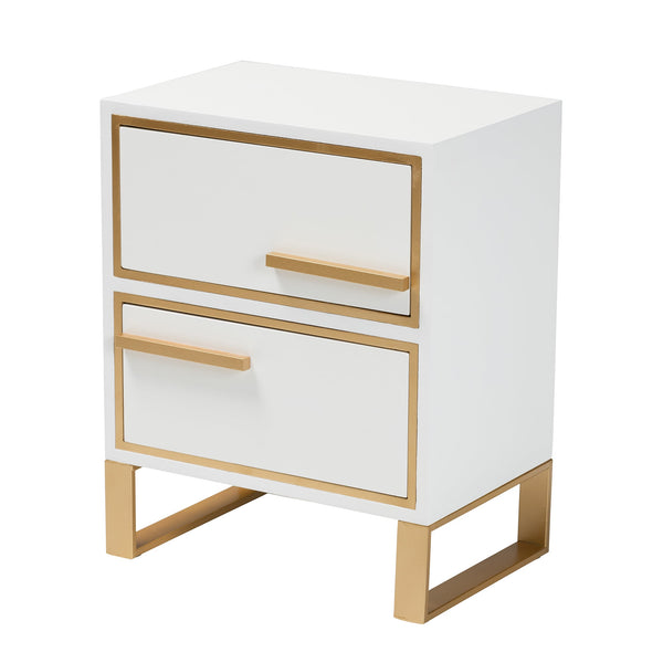 Giolla Contemporary White Finished Wood and Gold Metal 2-Drawer End Table