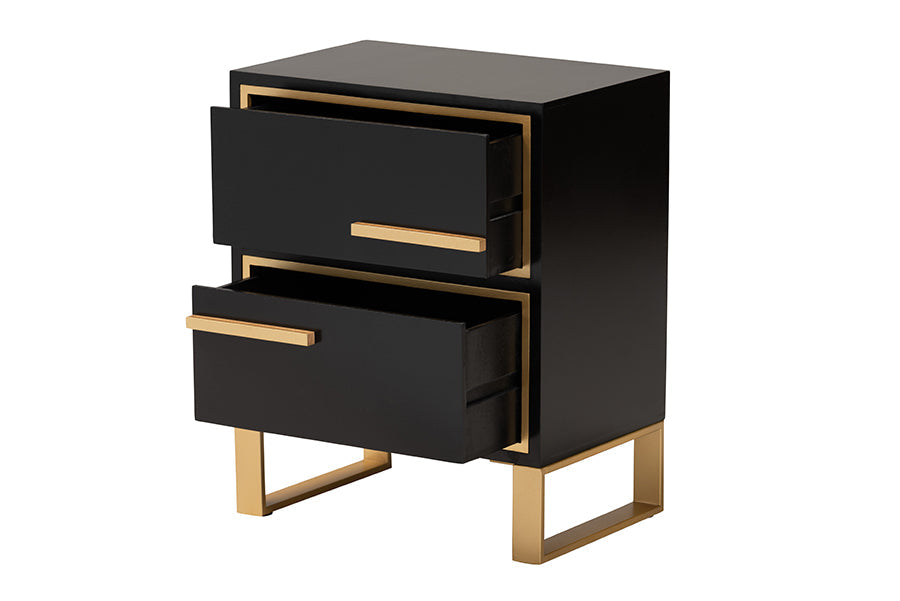 Giolla Contemporary Black Finished Wood and Gold Metal 2-Drawer End Table