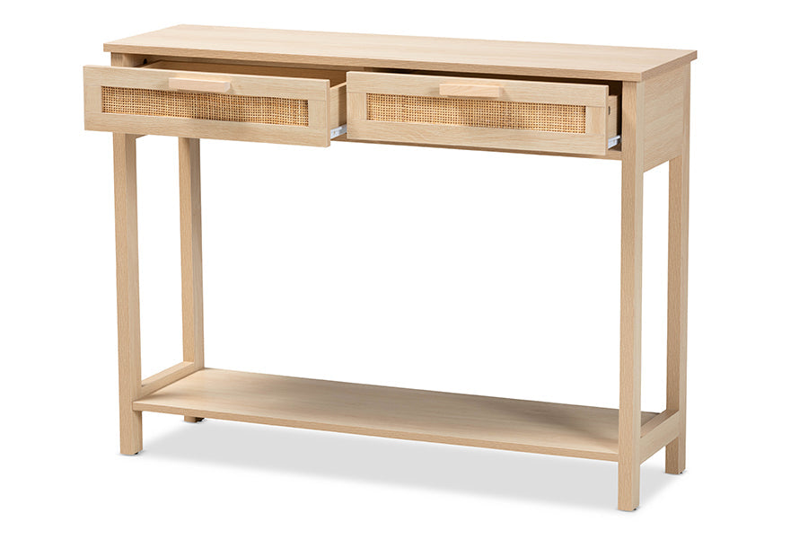 Sebille Mid-Century Modern Light Brown Finished Wood 2-Drawer Console Table with Natural Rattan
