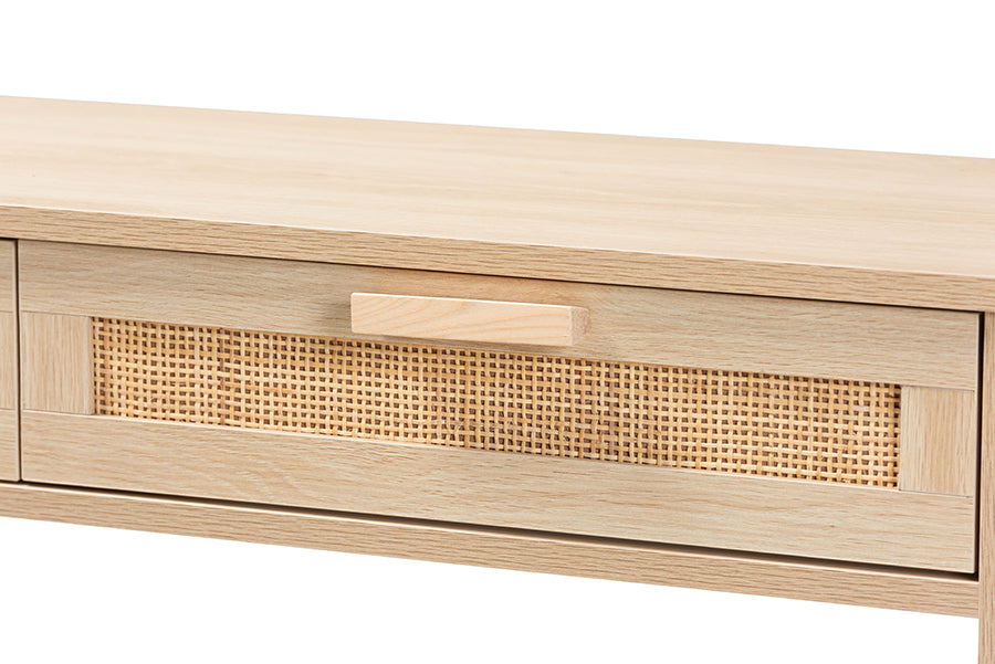 Sebille Mid-Century Modern Light Brown Finished Wood 2-Drawer Console Table with Natural Rattan